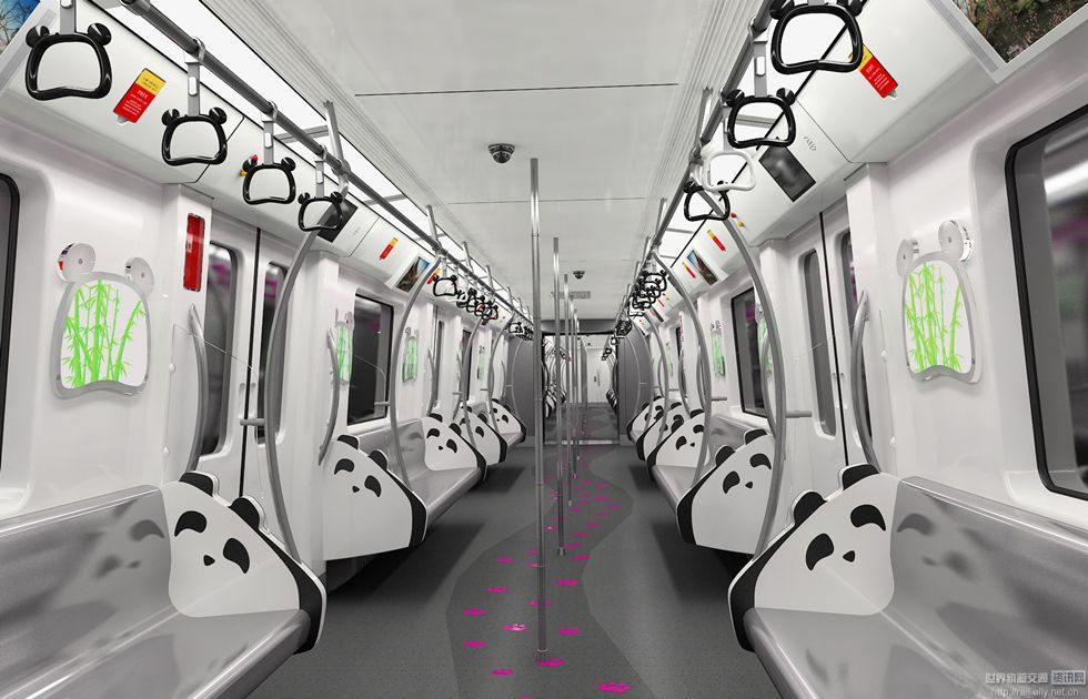 熊猫形状的拉手让车厢让乘客仿佛置身“成都大熊猫基地”
